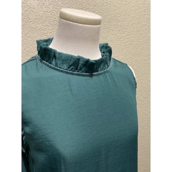 LOFT, Women’s, Sleeveless Mixed Media Blouse, Ruffle Neck, Teal, Size: M - Picture 2 of 5